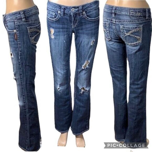 Silver Jeans Womens Denim Blue Jeans Lola Flare Leg Distressed Dark Wash W25 L33 - Picture 1 of 11